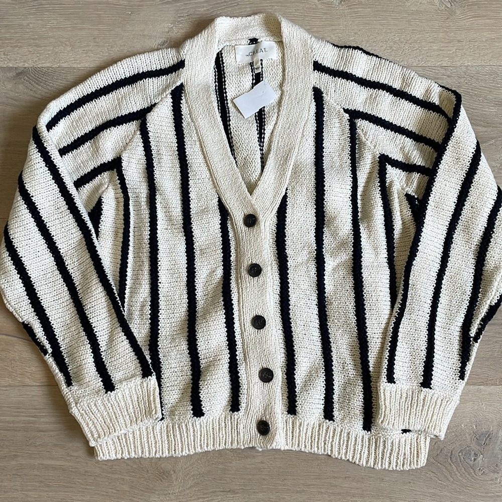 NWT The Great. The Sea Stripe Boxy Cardigan in Cream with Black Stripes. Size 1. - Picture 3 of 7